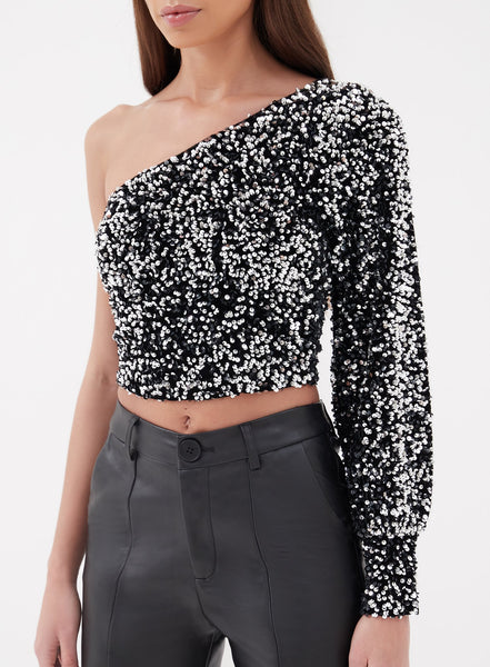 Kiana One Shoulder Sequin Top Black And ...